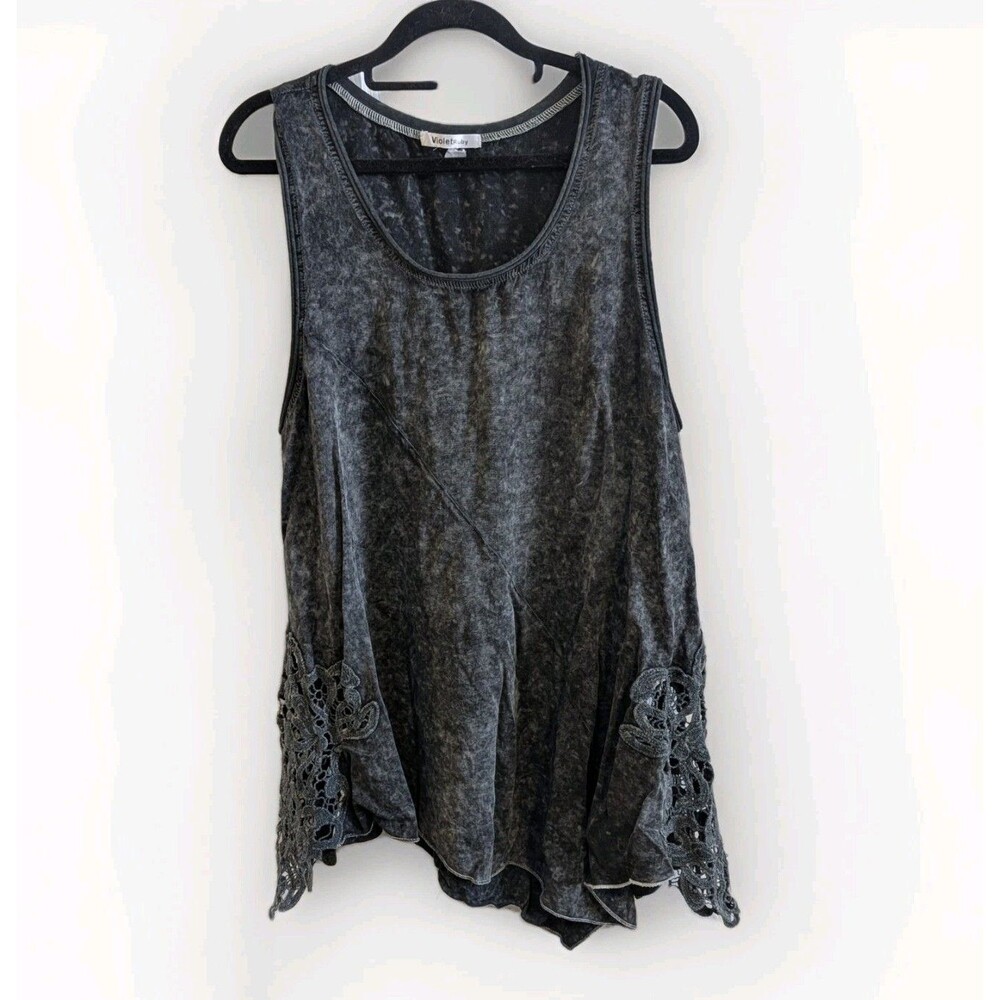 Black Mineral Washed Asymmetrical Tank Top Crochet Lace Grunge Boho Trapeze